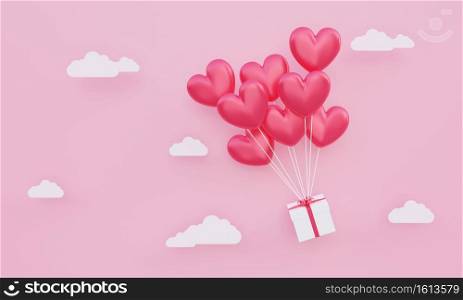 Valentine&rsquo;s day, love concept background, red 3d heart shaped balloons with gift box floating in the pink sky with paper cloud