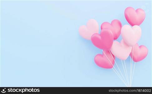 Valentine&rsquo;s day, love concept, pink and white 3d heart shaped balloons bouquet floating on blue background with copy space