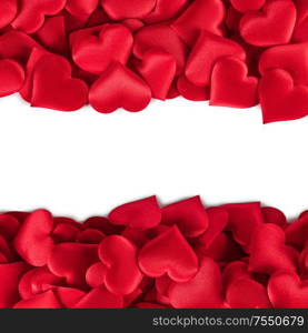 Valentine&rsquo;s day many red silk hearts background , border frame isolated on white with copy space, love concept. Valentines day hearts frame