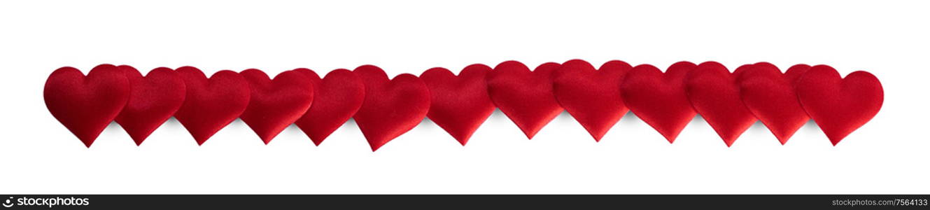 Valentine&rsquo;s day many red silk hearts stripe isolated on white background, love concept. Valentines day hearts on white