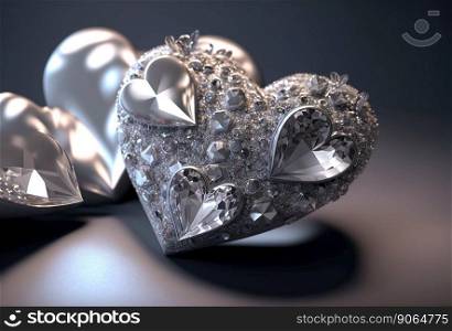 Valentine&rsquo;s Day Silver hearts with diamonds and ornaments. Romantic jewelry. Generative AI.. Valentine&rsquo;s Day Silver hearts with diamonds and ornaments. Romantic jewelry. Generative AI