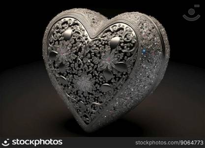 Valentine&rsquo;s Day Silver ornate heart with diamonds. Romantic jewelry. Generative AI.. Valentine&rsquo;s Day Silver ornate heart with diamonds. Romantic jewelry. Generative AI