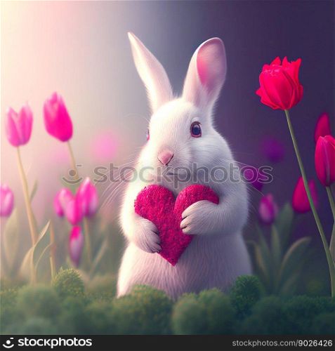 Valentine&rsquo;s Day White rabbit holding heart on background with tulips. Generative AI.. Valentine&rsquo;s Day White rabbit holding heart on background with tulips. Generative AI