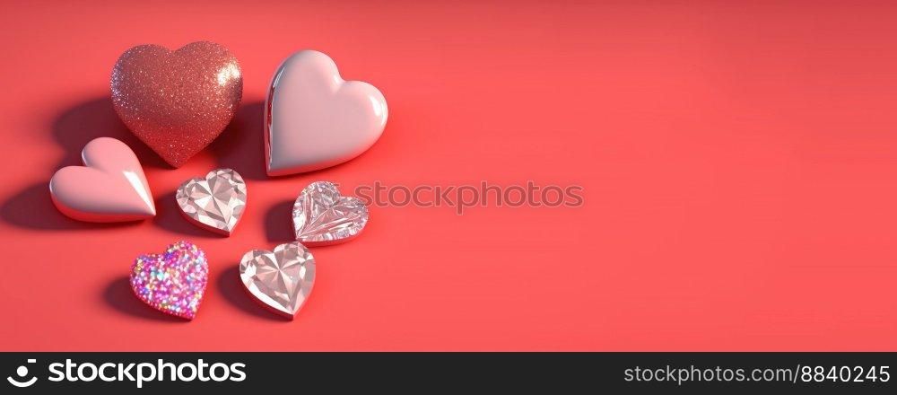 Valentine’s Day 3D Heart Crystal Diamond Illustration for Banner and Background