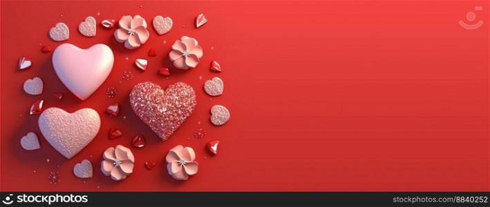 Valentine’s Day 3D Heart Crystal Diamond Illustration for Banner and Background