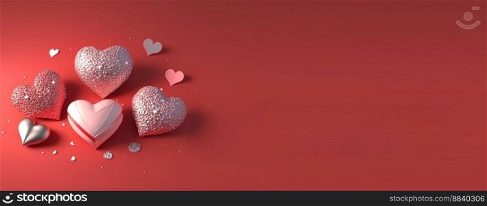 Valentine’s Day 3D Heart Illustration and Crystal Diamond Banner and Background