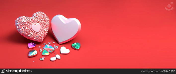 Valentine’s Day 3D Heart Illustration and Diamond Crystal Theme Banner and Background