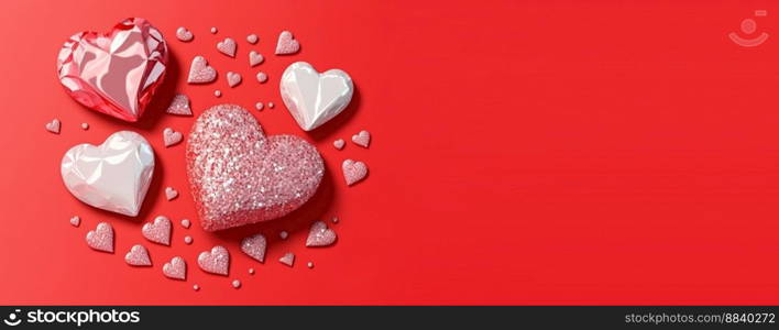 Valentine’s Day 3D Heart Illustration and Diamond Crystal Theme Banner and Background