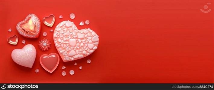 Valentine’s Day 3D Heart Illustration and Diamond Crystal Theme Banner and Background