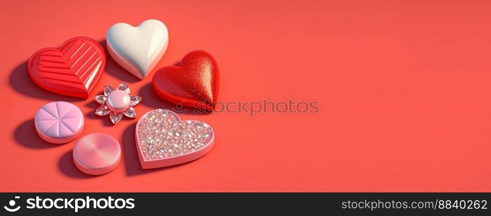 Valentine’s Day 3D Heart Illustration Objects and Crystal Diamond Background Design