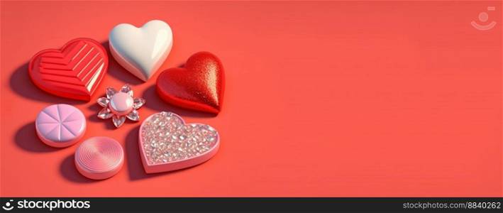 Valentine’s Day 3D Heart Illustration Objects and Crystal Diamond Background Design