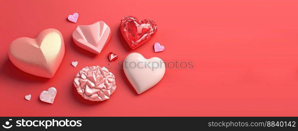 Valentine’s Day 3D Illustration Design Heart Diamond and Crystal Themed Banner and Background