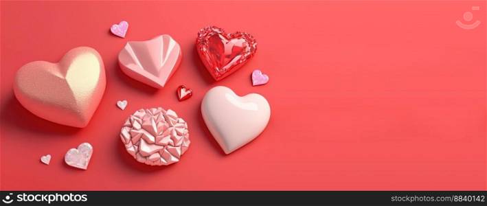 Valentine’s Day 3D Illustration Design Heart Diamond and Crystal Themed Banner and Background