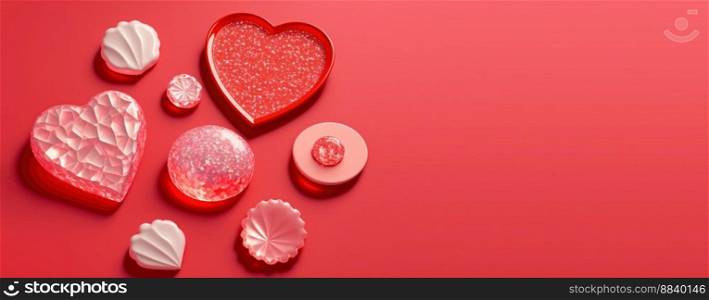 Valentine’s Day 3D Illustration Design Heart Diamond and Crystal Themed Banner and Background