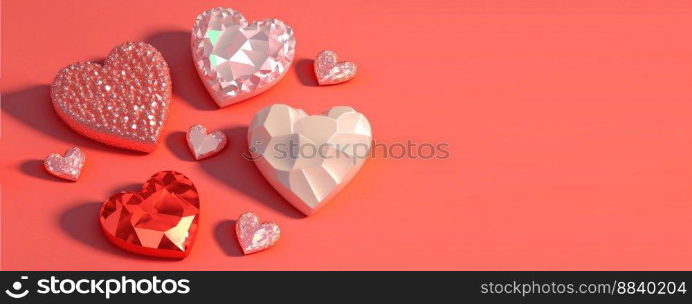 Valentine’s Day 3D Illustration of Heart Crystal Diamond for Valentine’s Day Promotion Banner and Background