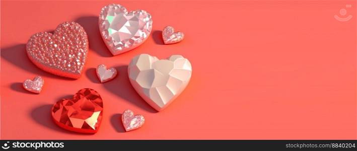 Valentine’s Day 3D Illustration of Heart Crystal Diamond for Valentine’s Day Promotion Banner and Background