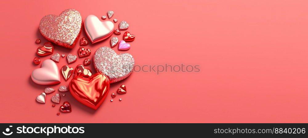 Valentine’s Day 3D Illustration of Heart Crystal Diamond for Valentine’s Day Promotion Banner and Background