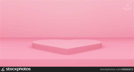 Valentine’s day, 3D illustration of heart shaped podium or pedestal with pink empty studio room, product background, mockup for love concept display