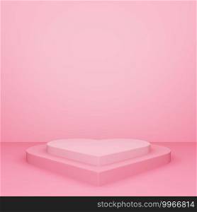 Valentine’s day, 3D illustration of heart shaped podium or pedestal with pink empty studio room, product background, mockup for love concept display