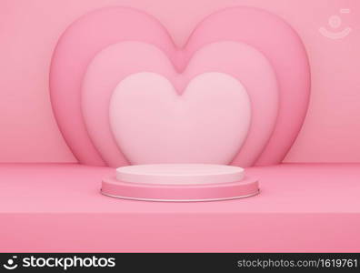 Valentine’s day, 3D illustration of round podium or pedestal with pink empty studio room, product background with heart overlap behind, mockup for love concept display