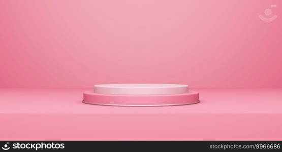 Valentine’s day, 3D illustration of round podium or pedestal with pink empty studio room, product background, mockup for love concept display