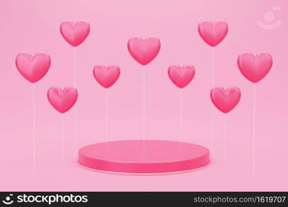 Valentine’s day, 3D illustration of round podium or pedestal with red empty studio room, product background with heart shaped balloon floating, mockup for love concept display