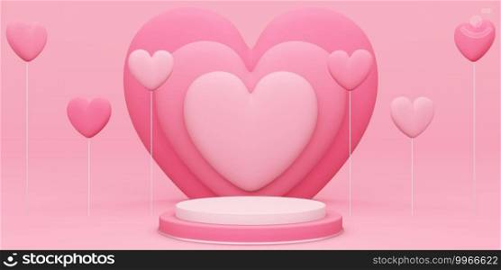 Valentine’s day, 3D illustration of round podium or pedestal with red empty studio room, product background with heart overlap behind and heart shaped balloon floating, mockup for love concept display