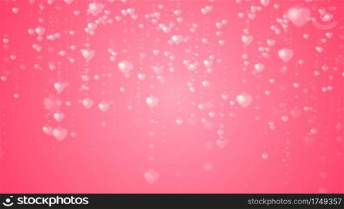 Valentine’s day abstract background, flying pink hearts with lettering and particles valentines concept, 3d rendering