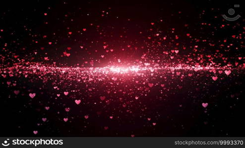 Valentine’s day abstract background, flying pink hearts with lettering and particles valentines concept, 3d rendering