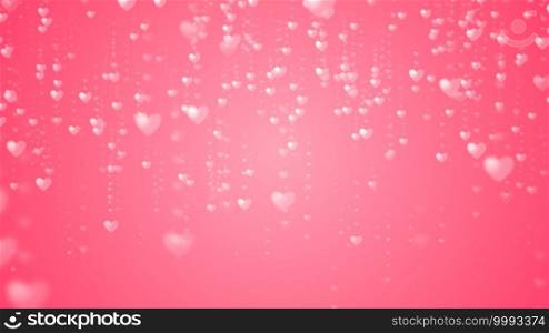 Valentine’s day abstract background, flying pink hearts with lettering and particles valentines concept, 3d rendering