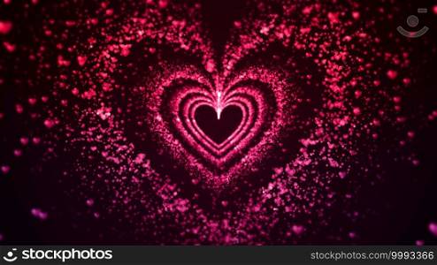 Valentine’s day abstract background, flying red and pink hearts and particles valentines background concept. 3d rendering