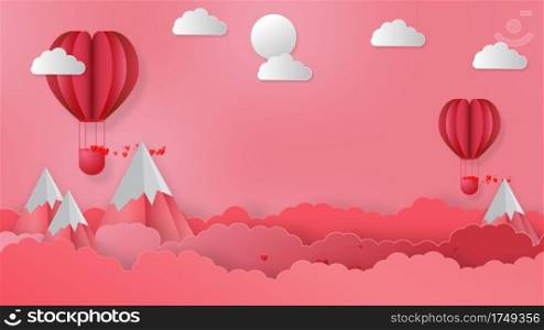 Valentine’s day abstract background, Flying red hearts and Balloon with mountains for valentines concept. Holiday background 3d rendering