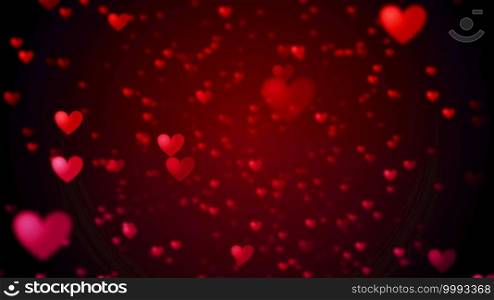Valentine’s day abstract background, flying red hearts and particles valentines background concept. 3d rendering