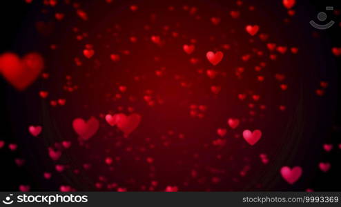 Valentine’s day abstract background, flying red hearts and particles valentines background concept. 3d rendering