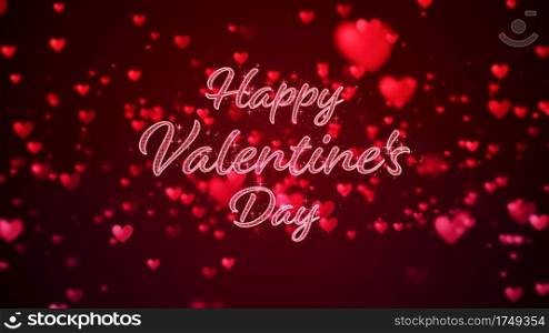 Valentine’s day abstract background, flying red hearts with lettering and particles valentines concept, 3d rendering