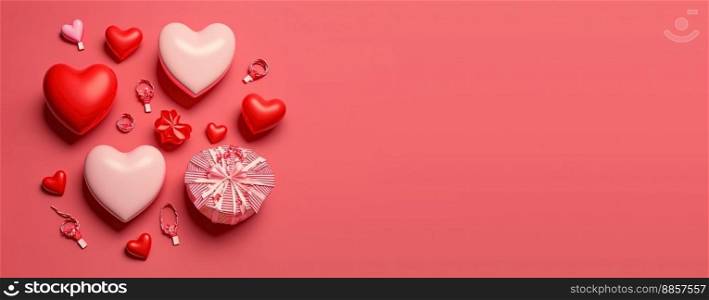 Valentine’s day background and shiny 3d heart shape with small ornament for banner