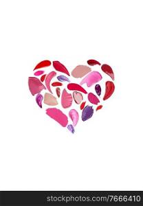 Valentine’s Day background. Red and pink lipstick smeared in the shape of heart. Isolated on white background. Cosmetic products