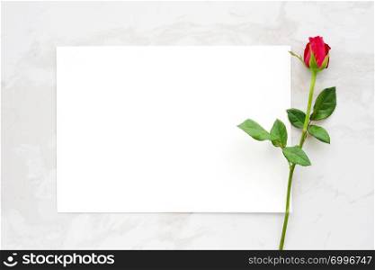 Valentine?s day background, template, Red rose and blank white paper on white marble background with copy space for text, top view, flat lay