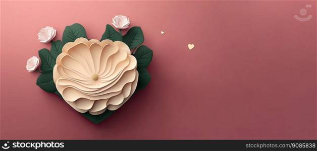 Valentine’s Day Background with Pink Paper Craft Love Heart. Beautiful Flower with copy-space. Generative AI. 