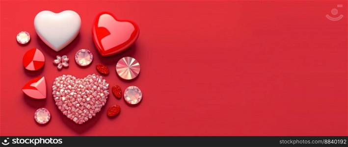 Valentine’s Day Banner Background. Sparkling 3D Heart Shape with Diamond and Crystal Illustration