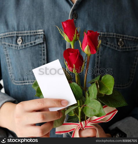 Valentine?s day concept, Hand holding red rose, love symbolic, and blank white paper note card