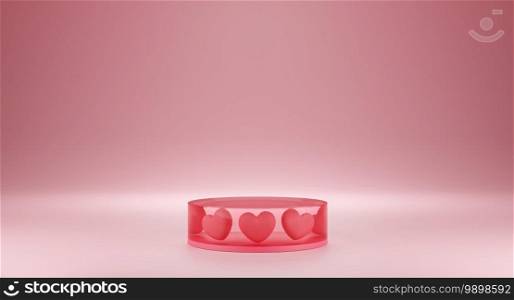 Valentine’s Day concept, hearts balloons with pedestal and round backdrop on pink background. 3D rendering.