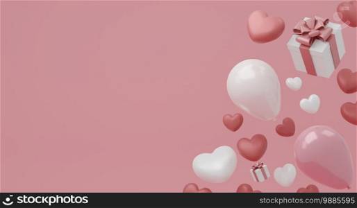 Valentine’s Day concept, pink and red hearts balloons and white gift box with ribbon on pink background. 3D rendering.