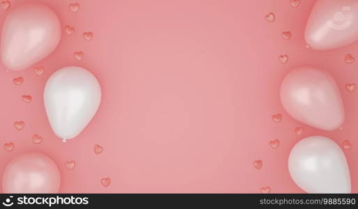Valentine’s Day concept, pink and white balloons on pink background. 3D rendering.