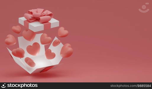 Valentine’s Day concept, pink and white hearts balloons in gift box on pink background. 3D rendering.