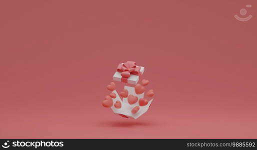 Valentine’s Day concept, pink and white hearts balloons in gift box on pink background. 3D rendering.