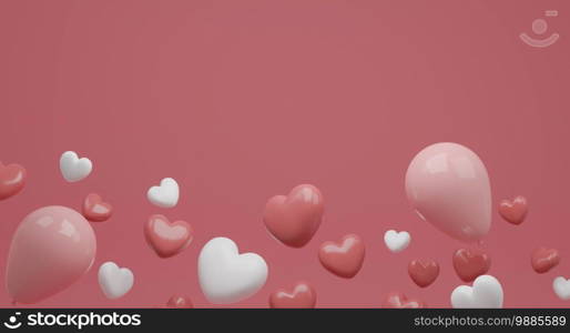 Valentine’s Day concept, pink and white hearts balloons on pink background. 3D rendering.