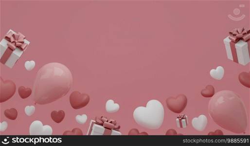 Valentine’s Day concept, pink and white hearts balloons with gift box on pink background. 3D rendering.