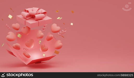 Valentine’s Day concept, pink hearts balloons in gift box with ribbon on pink background. 3D rendering.