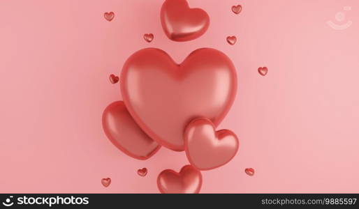 Valentine’s Day concept, pink hearts balloons on pink background. 3D rendering.